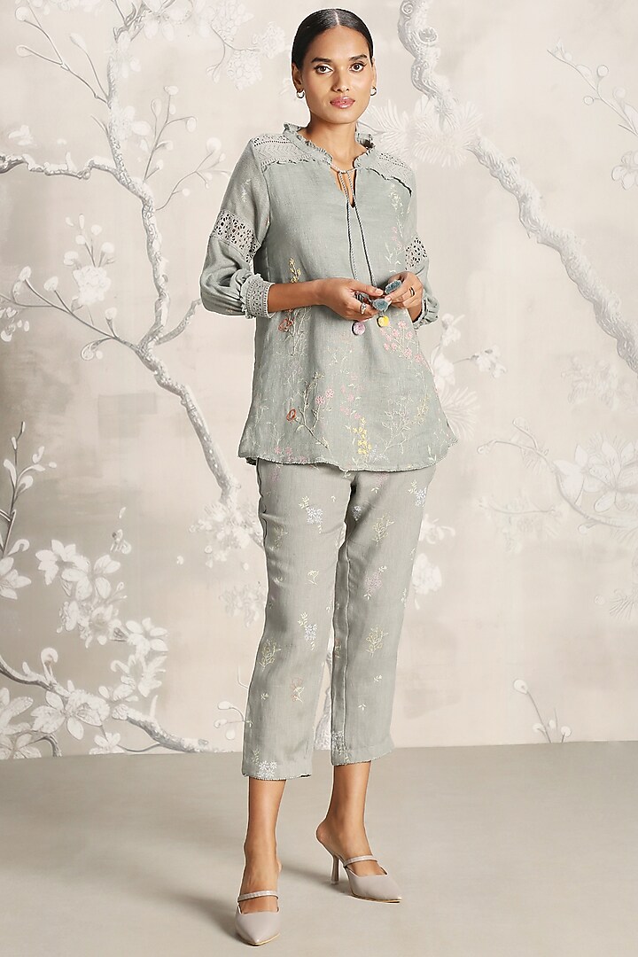 Jade Green Linen Screen Printed Co-Ord Set by Kaveri at Pernia's Pop Up Shop