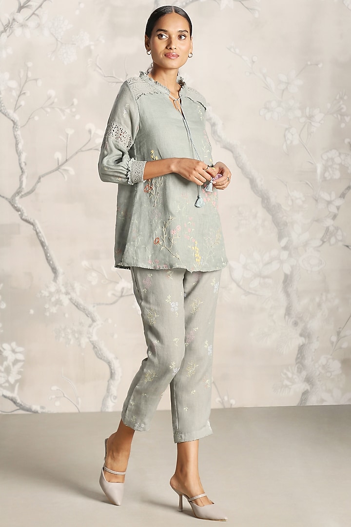 Jade Green Linen Screen Printed Co-Ord Set by Kaveri at Pernia's Pop Up Shop