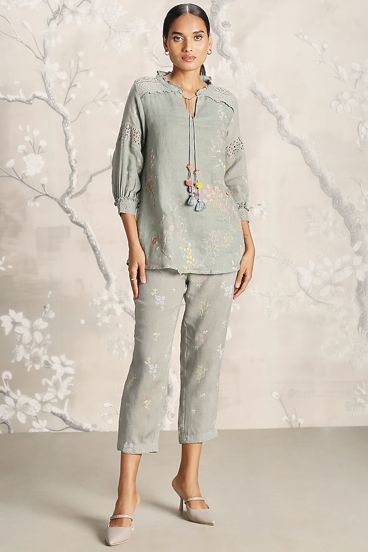Jade Green Linen Screen Printed Co-Ord Set by Kaveri at Pernia's Pop Up Shop