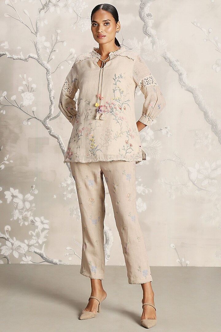 Sand Colored Linen Screen Printed Co-Ord Set by Kaveri at Pernia's Pop Up Shop