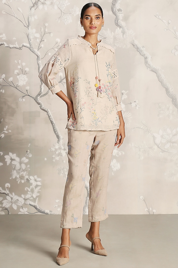 Sand Colored Linen Screen Printed Co-Ord Set by Kaveri at Pernia's Pop Up Shop