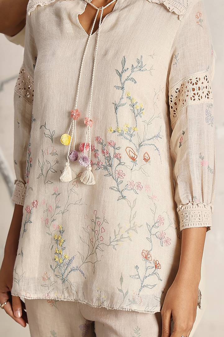 Sand Colored Linen Screen Printed Co-Ord Set by Kaveri at Pernia's Pop Up Shop