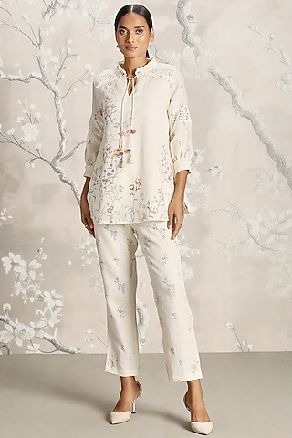 Off-White Linen Hand Screen Printed Top by Kaveri