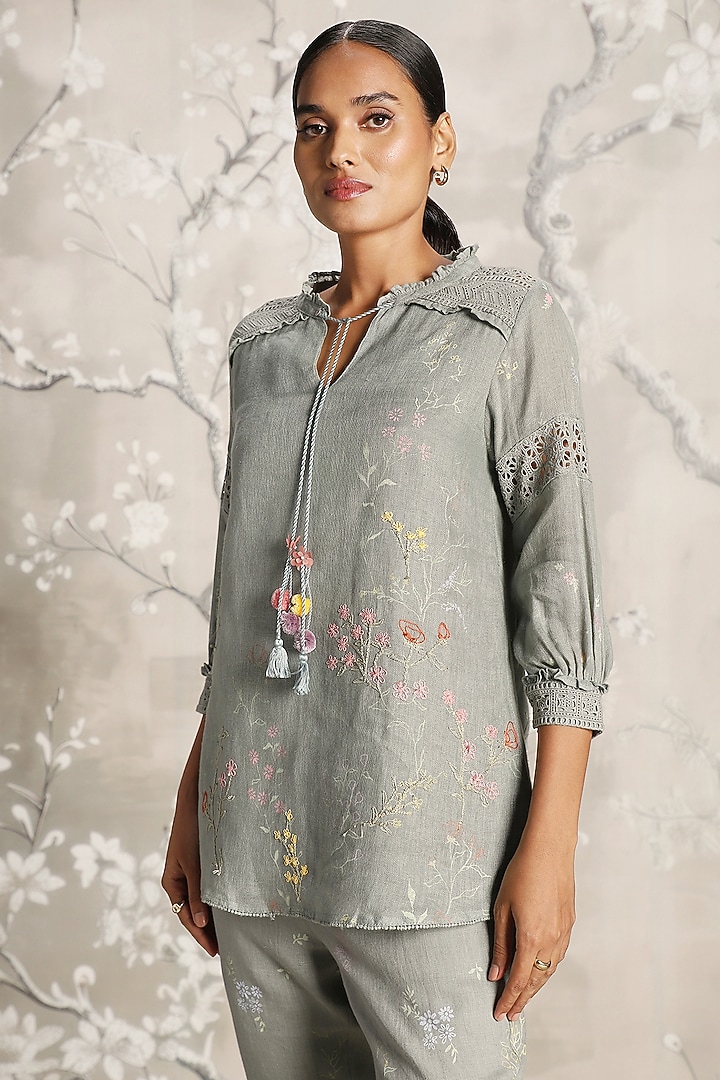 Jade Green Linen Hand Screen Printed Top by Kaveri at Pernia's Pop Up Shop
