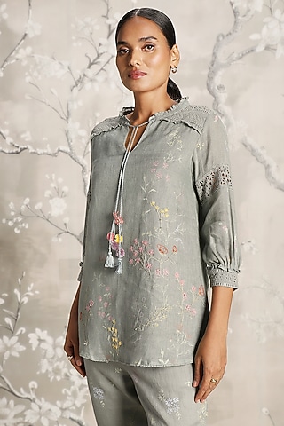 Jade Green Linen Hand Screen Printed Top by Kaveri
