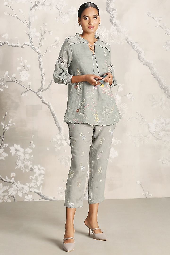 Jade Green Linen Hand Screen Printed Top by Kaveri at Pernia's Pop Up Shop