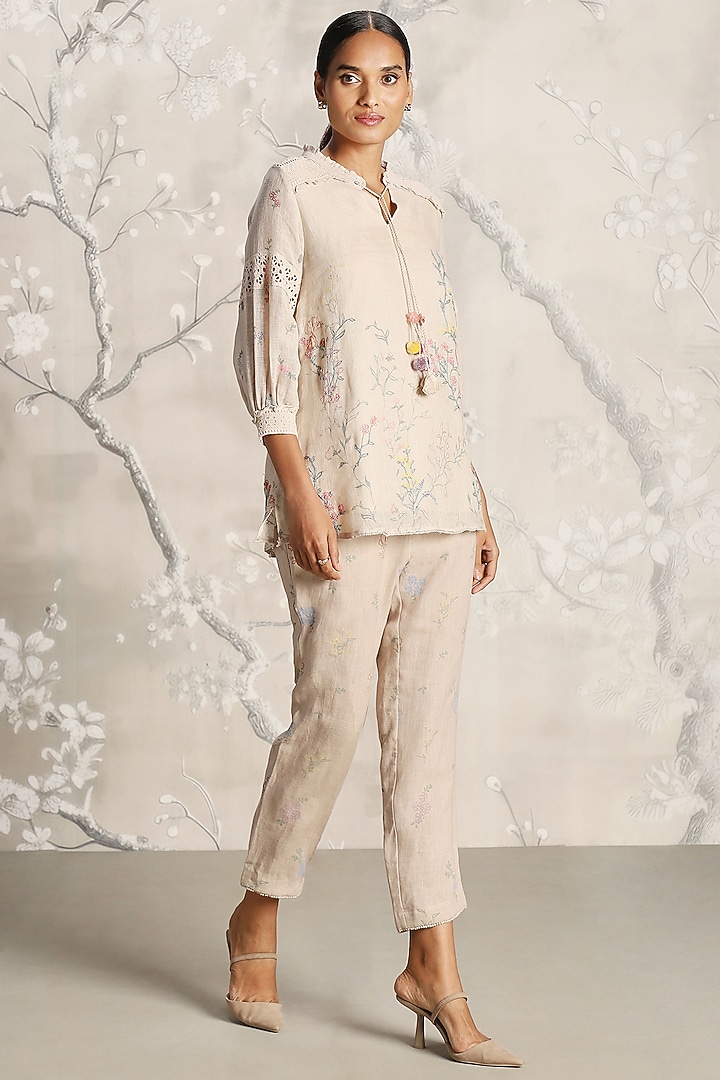Sand-Colored Linen Hand Screen Printed Top by Kaveri at Pernia's Pop Up Shop