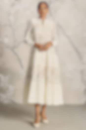Off-White Linen Hand Screen Printed Maxi Vacation Dress by Kaveri at Pernia's Pop Up Shop