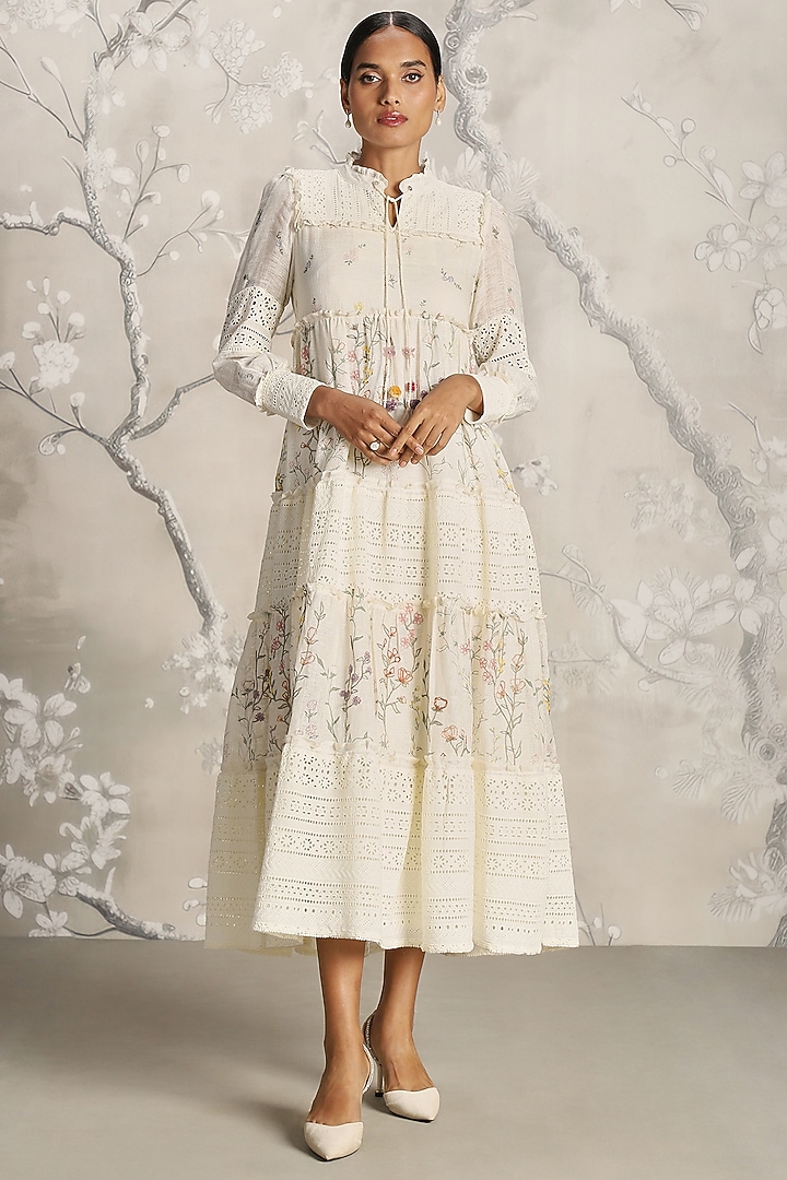 Off-White Linen Hand Screen Printed Maxi Vacation Dress by Kaveri at Pernia's Pop Up Shop