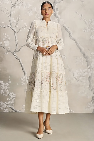 Off-White Linen Hand Screen Printed Maxi Dress by Kaveri