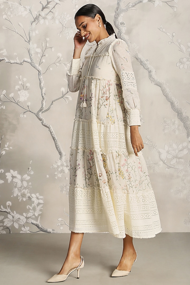 Off-White Linen Hand Screen Printed Maxi Vacation Dress by Kaveri at Pernia's Pop Up Shop