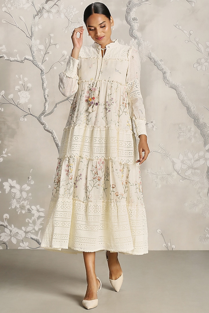 Off-White Linen Hand Screen Printed Maxi Vacation Dress by Kaveri at Pernia's Pop Up Shop