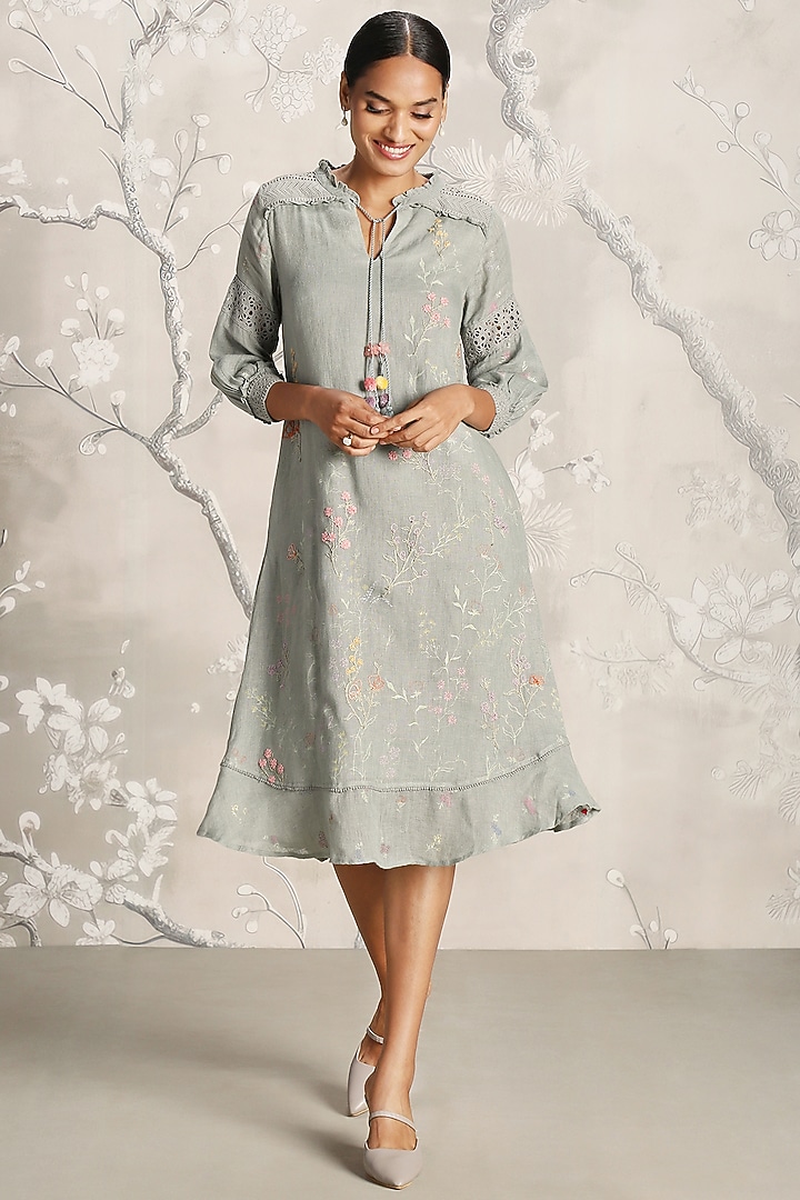 Jade Green Linen Hand Screen Printed Midi Cocktail Dress by Kaveri at Pernia's Pop Up Shop