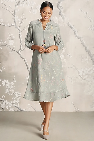 Jade Green Linen Hand Screen Printed Midi Dress by Kaveri