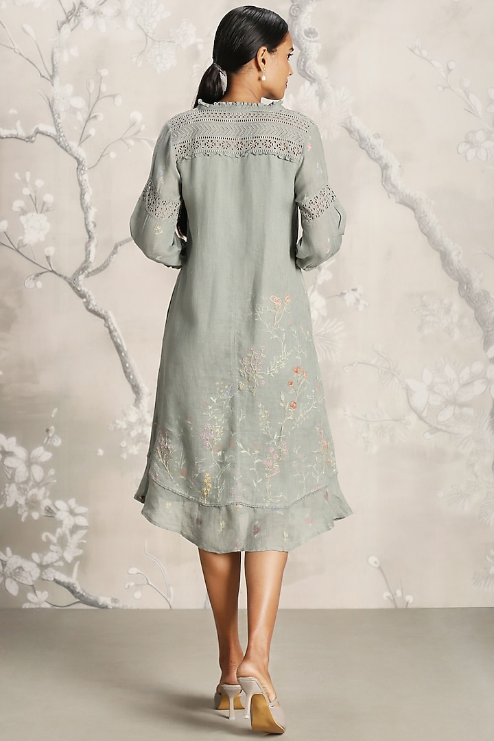 Jade Green Linen Hand Screen Printed Midi Cocktail Dress by Kaveri at Pernia's Pop Up Shop