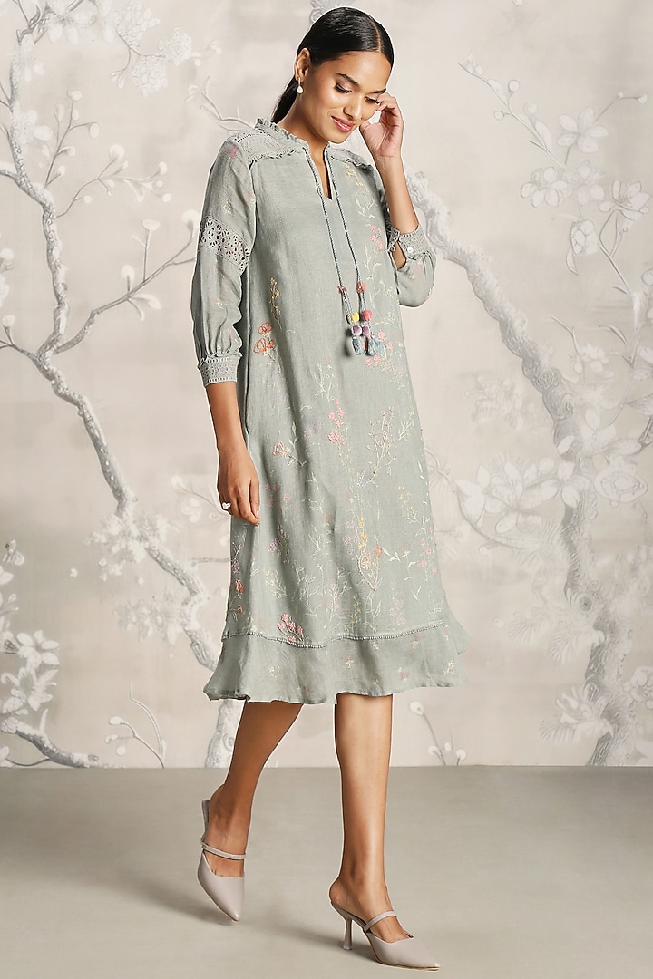 Jade Green Linen Hand Screen Printed Midi Cocktail Dress by Kaveri at Pernia's Pop Up Shop