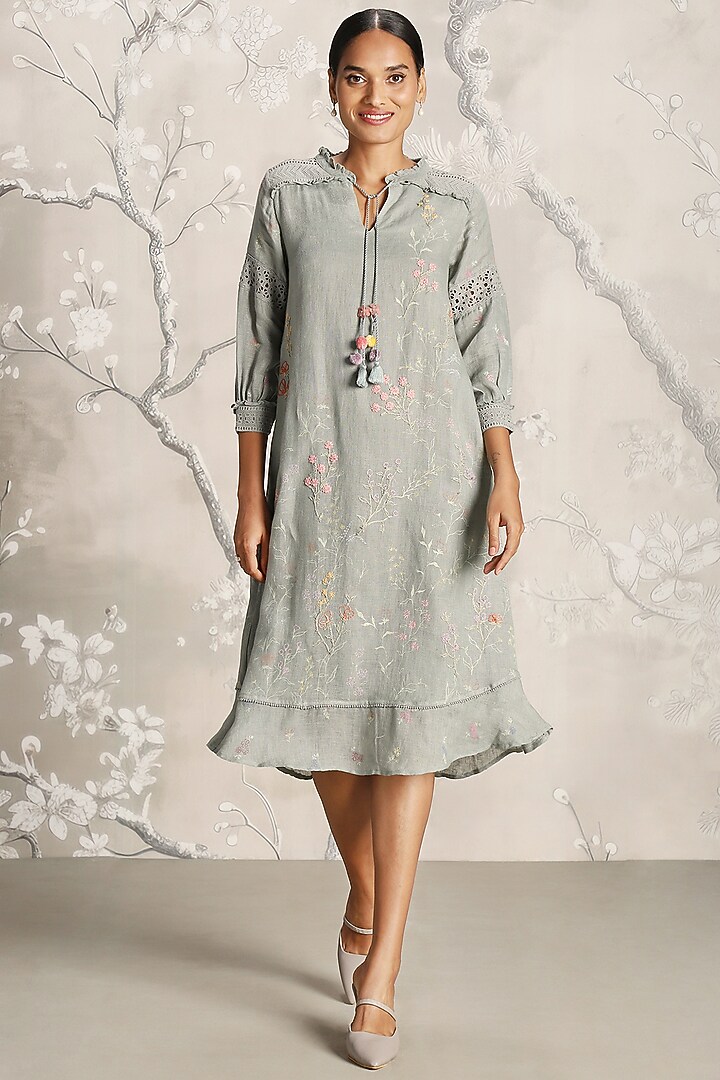 Jade Green Linen Hand Screen Printed Midi Cocktail Dress by Kaveri at Pernia's Pop Up Shop
