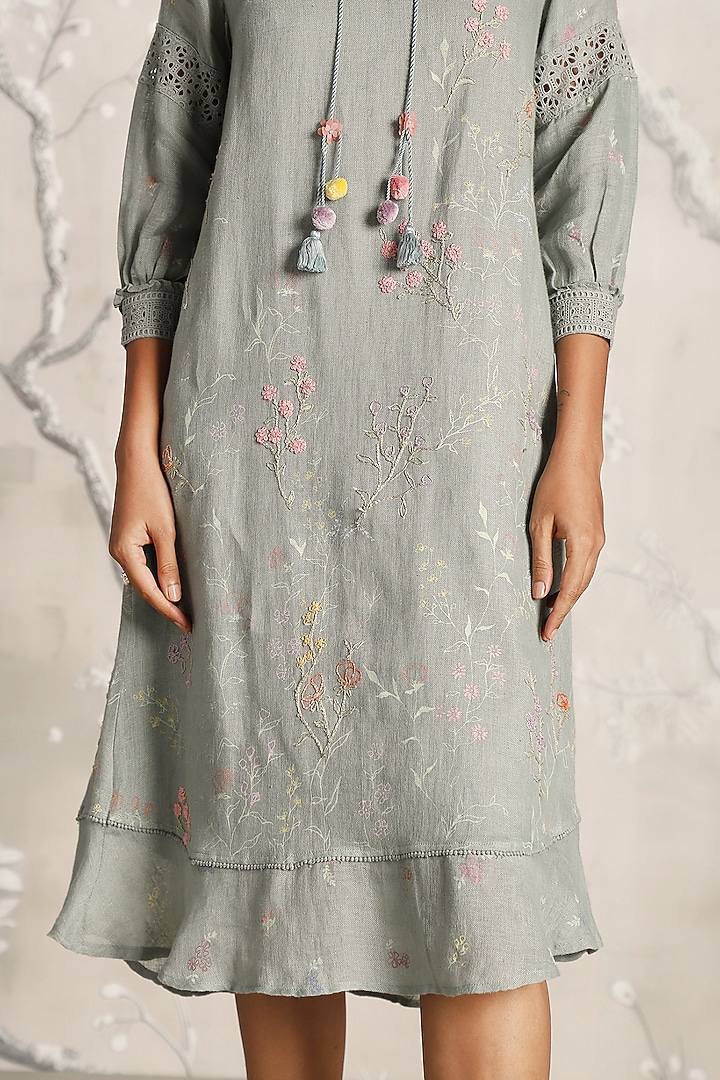 Jade Green Linen Hand Screen Printed Midi Cocktail Dress by Kaveri at Pernia's Pop Up Shop