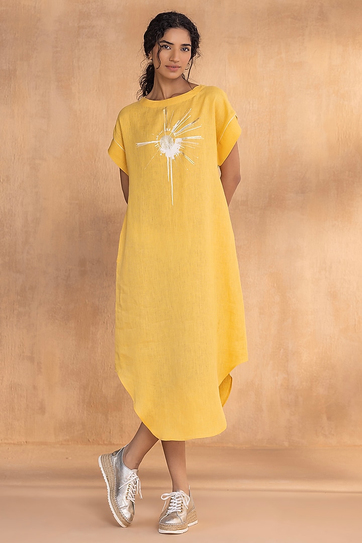 Sun-Colored Linen Hand-Screen Printed Summer Dress by Kaveri at Pernia's Pop Up Shop