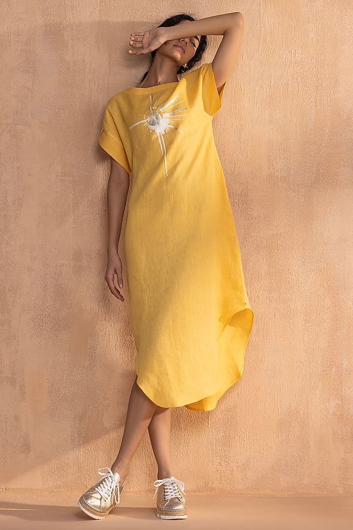 Sun-Colored Linen Hand-Screen Printed Summer Dress by Kaveri at Pernia's Pop Up Shop