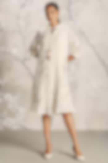 Off-White Linen Hand Screen Printed Midi Cocktail Dress by Kaveri at Pernia's Pop Up Shop