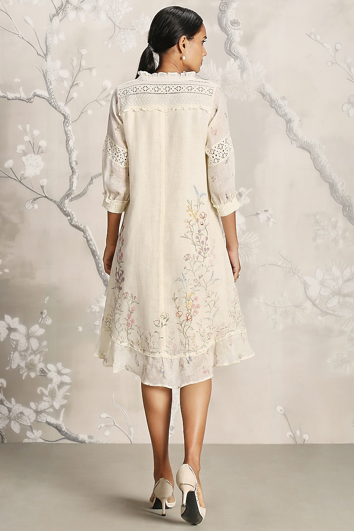 Off-White Linen Hand Screen Printed Midi Cocktail Dress by Kaveri at Pernia's Pop Up Shop