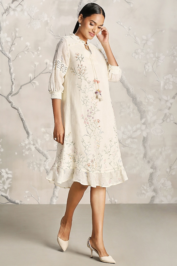 Off-White Linen Hand Screen Printed Midi Cocktail Dress by Kaveri at Pernia's Pop Up Shop