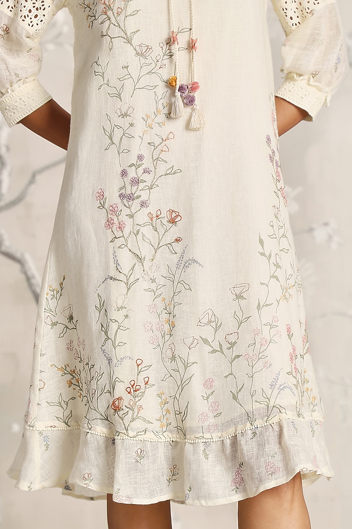 Off-White Linen Hand Screen Printed Midi Cocktail Dress by Kaveri at Pernia's Pop Up Shop