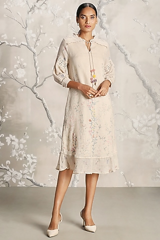 Sand-Colored Linen Hand Screen Printed Midi Dress by Kaveri