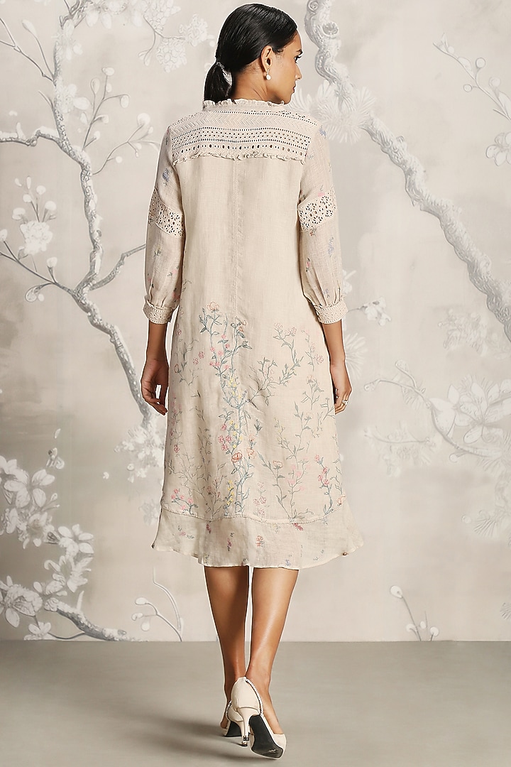 Sand-Colored Linen Hand Screen Printed Midi Cocktail Dress by Kaveri at Pernia's Pop Up Shop