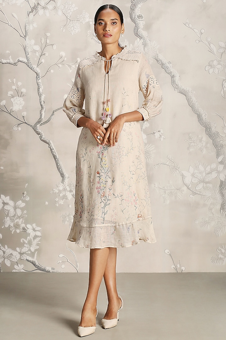 Sand-Colored Linen Hand Screen Printed Midi Cocktail Dress by Kaveri at Pernia's Pop Up Shop