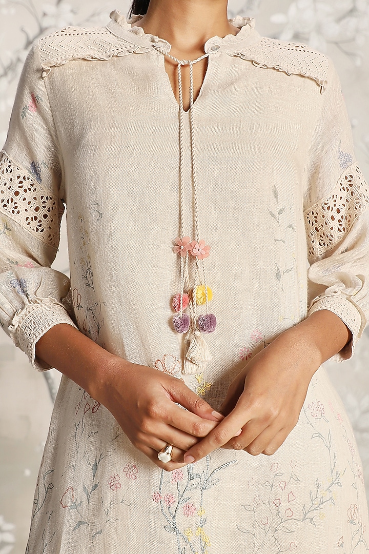 Sand-Colored Linen Hand Screen Printed Midi Cocktail Dress by Kaveri at Pernia's Pop Up Shop