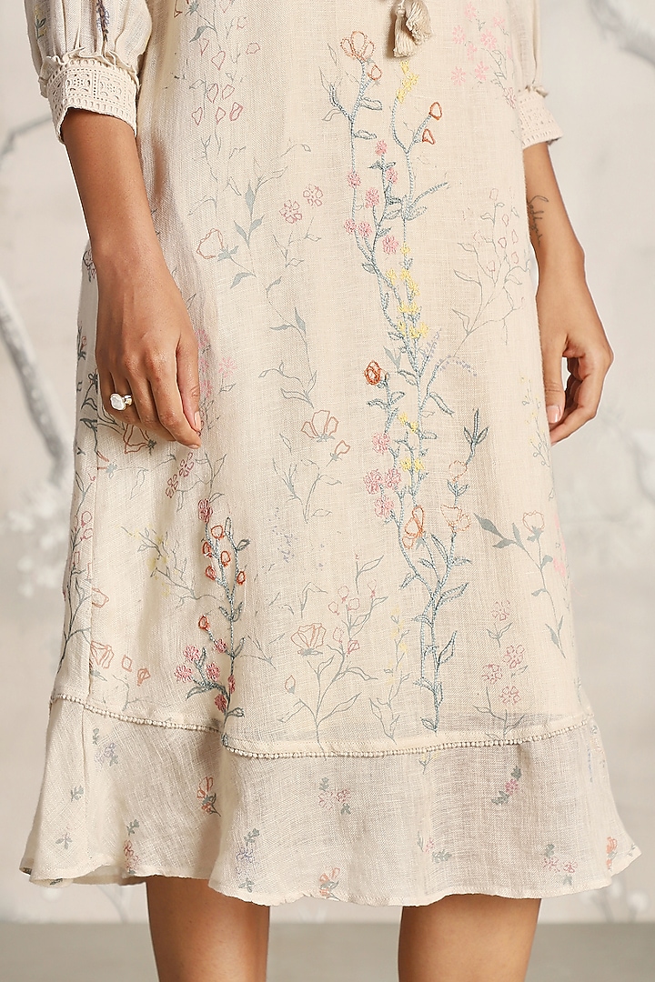 Sand-Colored Linen Hand Screen Printed Midi Cocktail Dress by Kaveri at Pernia's Pop Up Shop