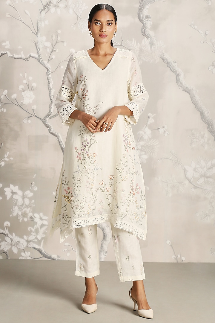 Off-White Linen Screen Printed Tunic Set by Kaveri at Pernia's Pop Up Shop