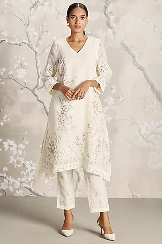 Off-White Linen Screen Printed Tunic Set by Kaveri