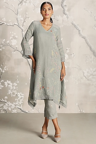 Jade Green Linen Screen Printed Tunic Set by Kaveri