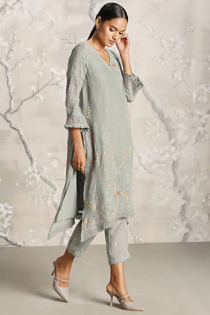 Jade Green Linen Screen Printed Tunic Set by Kaveri at Pernia's Pop Up Shop