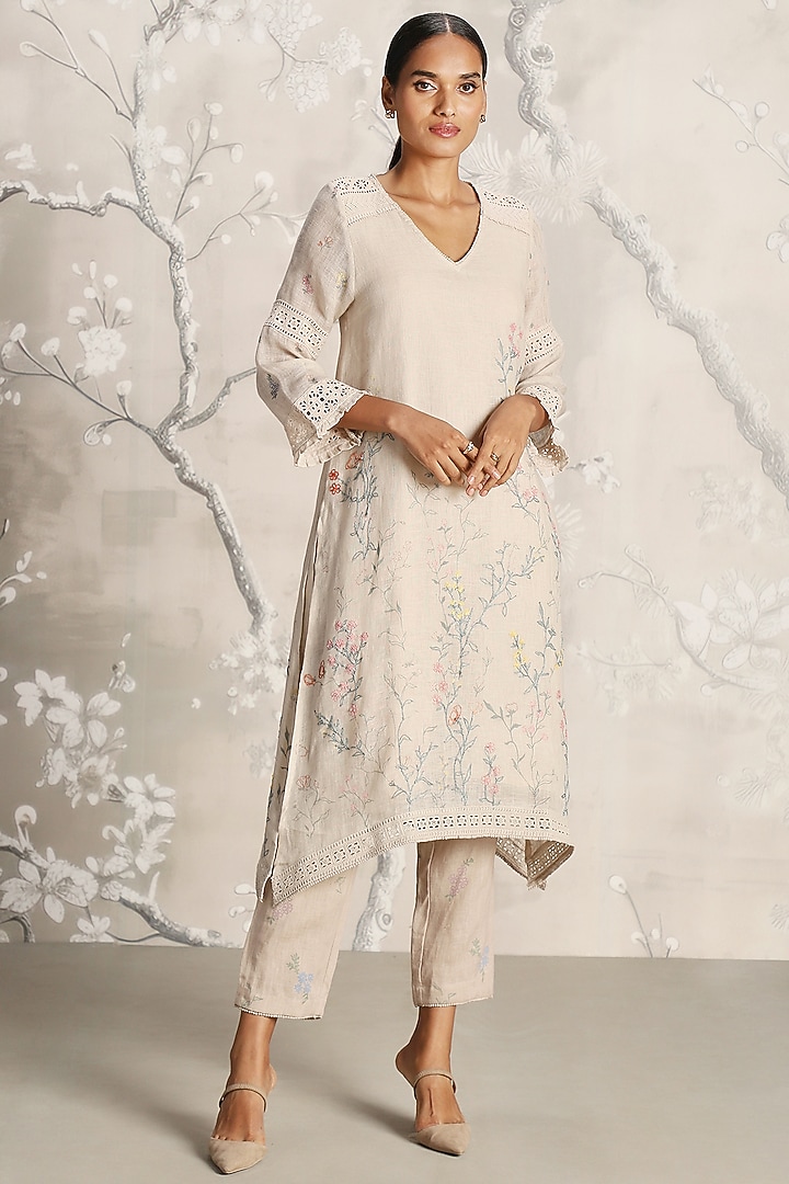 Sand-Colored Linen Screen Printed Tunic Set by Kaveri at Pernia's Pop Up Shop