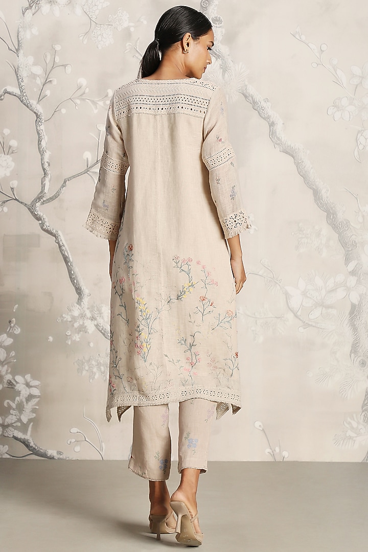 Sand-Colored Linen Screen Printed Tunic Set by Kaveri at Pernia's Pop Up Shop