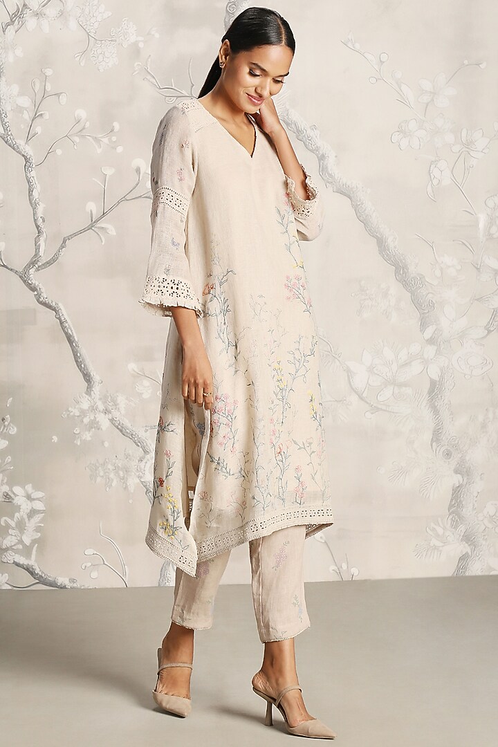 Sand-Colored Linen Screen Printed Tunic Set by Kaveri at Pernia's Pop Up Shop