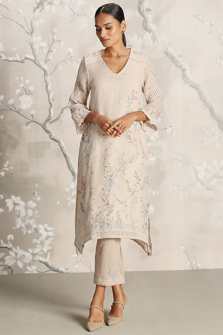 Sand-Colored Linen Screen Printed Tunic Set by Kaveri at Pernia's Pop Up Shop