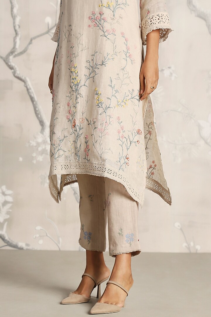 Sand-Colored Linen Screen Printed Tunic Set by Kaveri at Pernia's Pop Up Shop