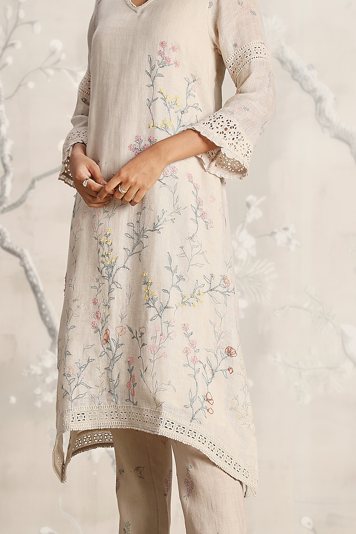 Sand-Colored Linen Screen Printed Tunic Set by Kaveri at Pernia's Pop Up Shop