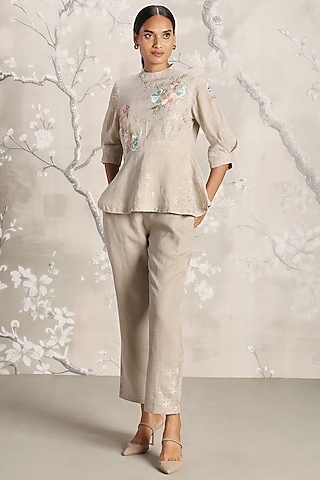 Natural-Colored Linen Hand Printed Co-Ord Set by Kaveri