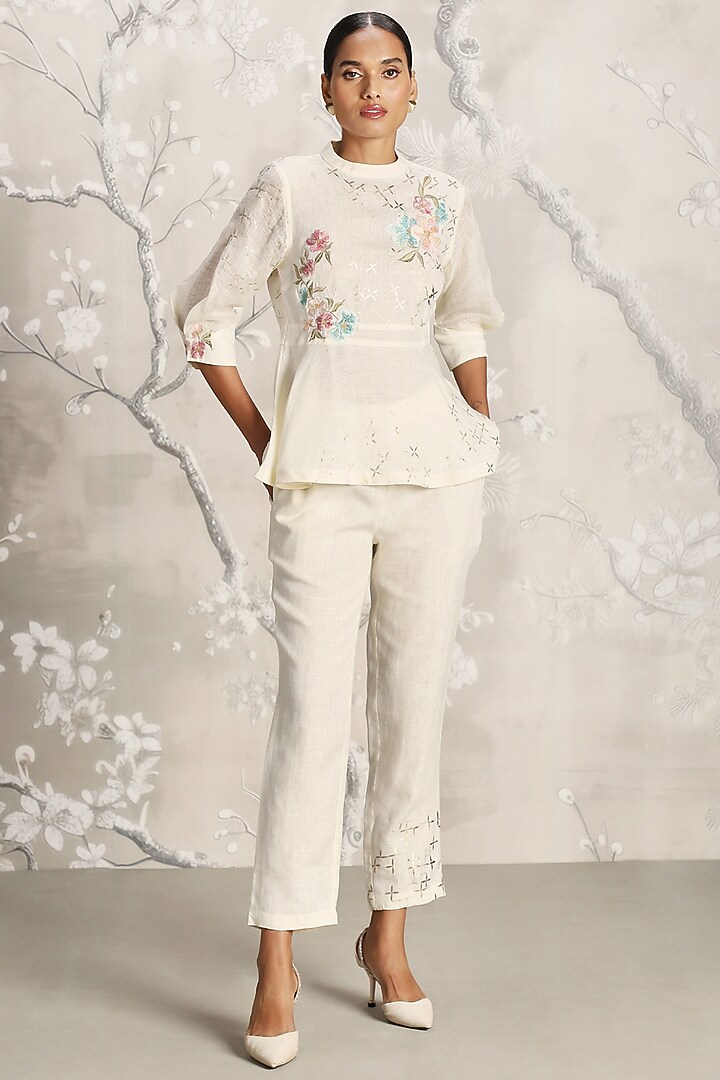 Off-White Linen Hand Printed Co-Ord Set by Kaveri at Pernia's Pop Up Shop