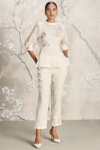 Off-White Linen Hand Printed Co-Ord Set by Kaveri