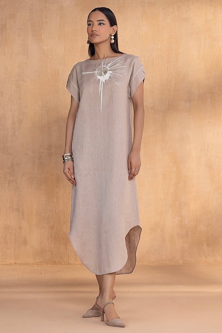 Cement-Colored Linen Hand-Screen Printed Summer Dress by Kaveri at Pernia's Pop Up Shop