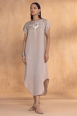 Cement-Colored Linen Hand-Screen Printed Dress by Kaveri