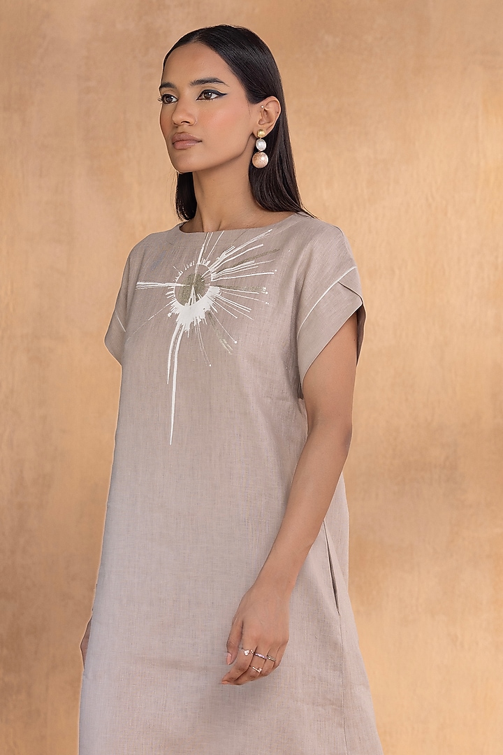 Cement-Colored Linen Hand-Screen Printed Summer Dress by Kaveri at Pernia's Pop Up Shop