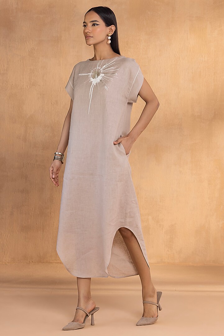 Cement-Colored Linen Hand-Screen Printed Summer Dress by Kaveri at Pernia's Pop Up Shop